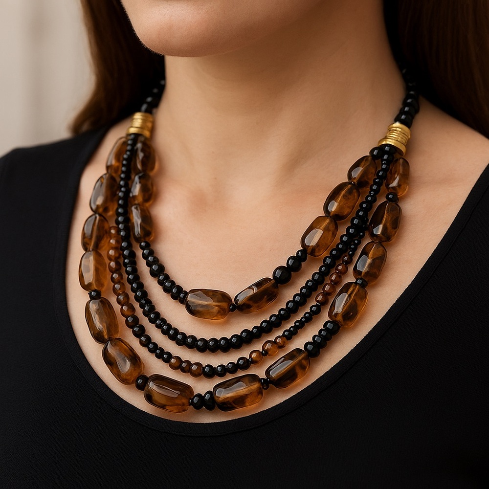 Acrylic Bead Necklace 5-strand twisted black and brown 16” long